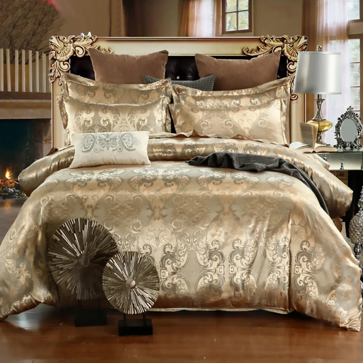 2/3PCS Luxury Jacquard Bedding Set King  Size Duvet Cover Flower Golden High Qu image 0