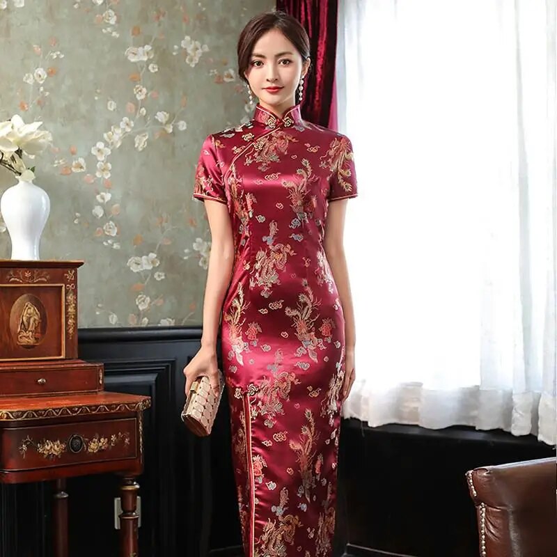 Elegant New Brocade Satin Long Fork Cheongsam Chinese Classic Women's Qipao Sho image 0