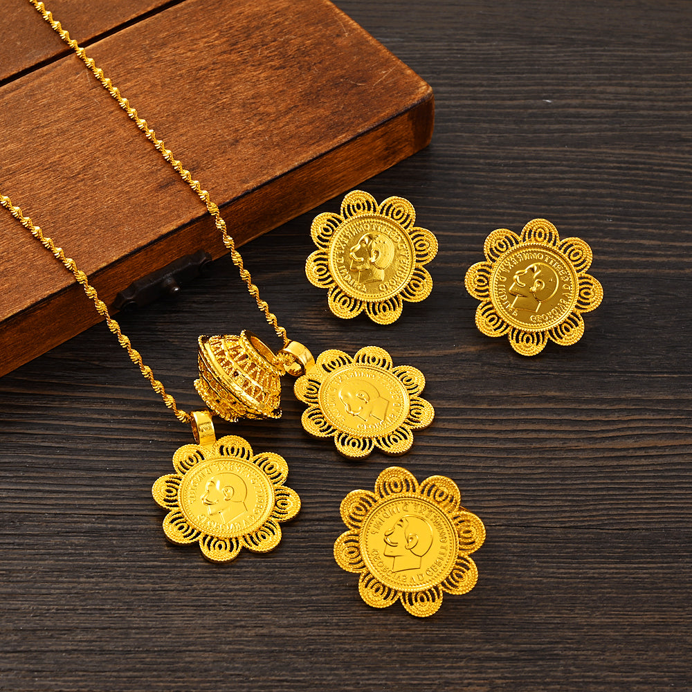 Ethiopian Luxury Jewelry Sets Gold plated Earrings Ring Pendant for Women Eritr image 1