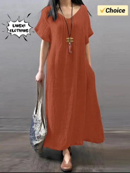 Summer New Women's Cotton and Hemp Plus Size Dress Commuter Style Casual Hemp F image 0