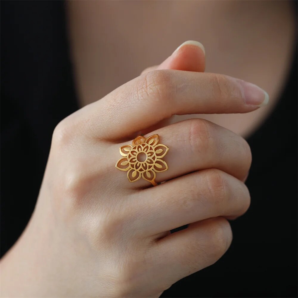 My Shape Lotus Mandala Flower Rings Women Stainless Steel Gold Color Finger Rin image 13