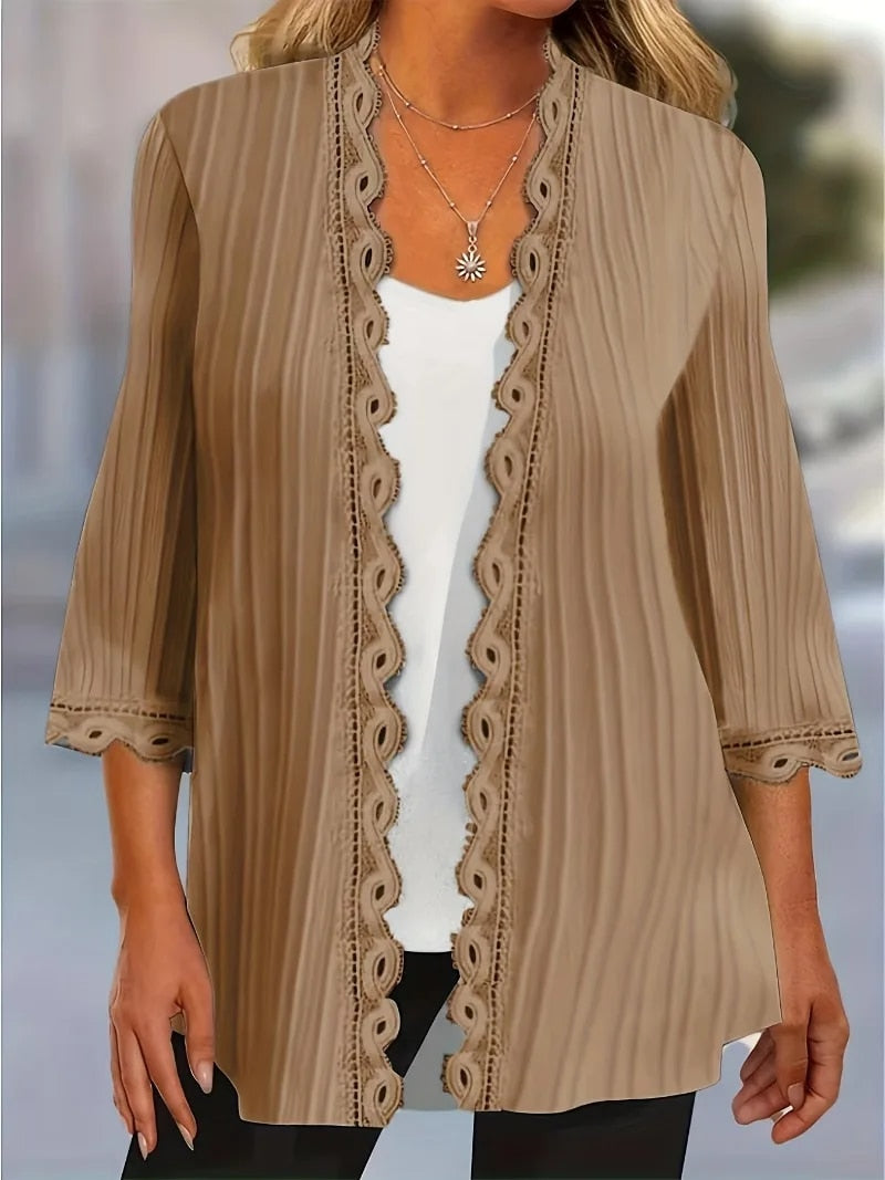 Plus Size 1XL-5XL Elegant Coat Women's Plus Solid Ribbed Contrast Lace Three Qu image 1