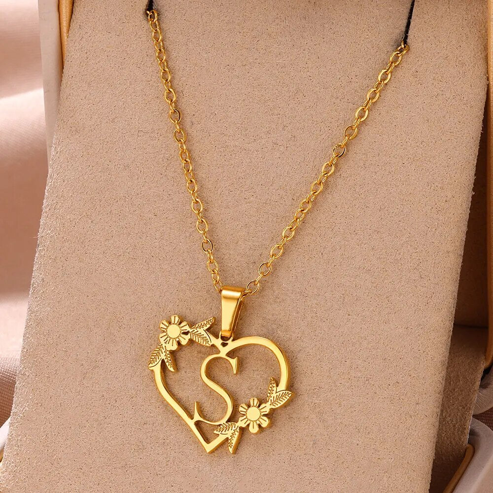 Gold Color Dainty Flower Initials Necklace Women Girl Stainless Steel Heart Let image 20