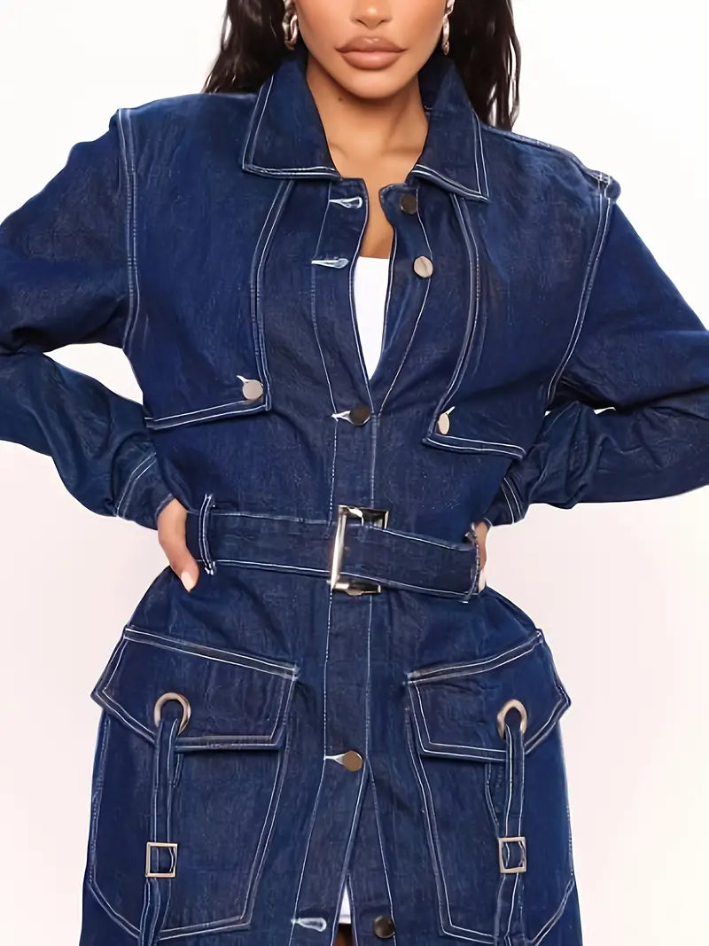 Women's Blue Denim Trench Coat - Elegant Long Jean Jacket with Belt, Flap Pocke image 3