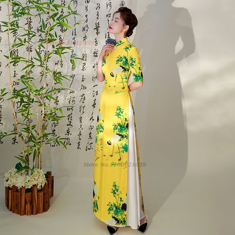 2024 vietnam aodai dress traditional chinese improved qipao national crane prin image 1
