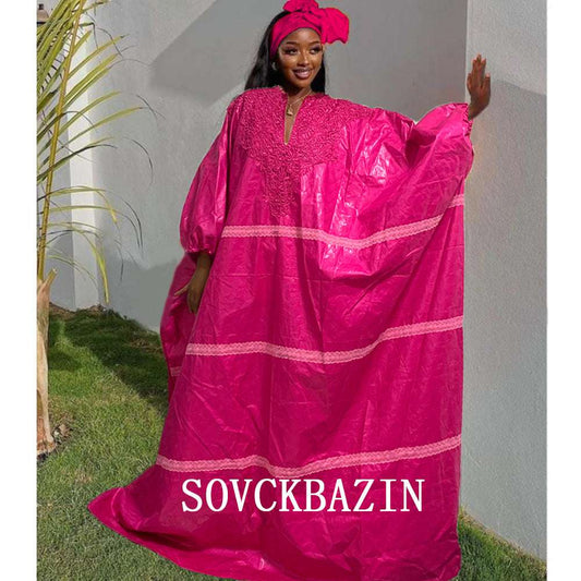 African Original Bazin Riche Long Dress With Scarf Swiss Voile Lace Dashiki Dre image 0