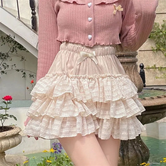 DEEPTOWN Kawaii Ruffle Skirt Women Coquette Cute Lolita High Waist A-line Bow L image 0