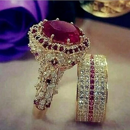 Elegant  Gold Color Hip Hop Ring for Women Fashion Inlaid Zircon Red Stones Wed image 0