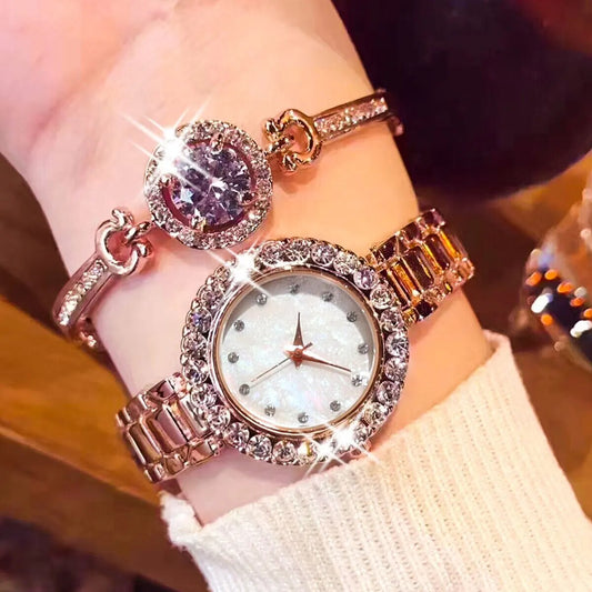 2PCs Fashion Versatile Diamond Inlaid Women's Rose Gold Steel Band Quartz Watch image 0