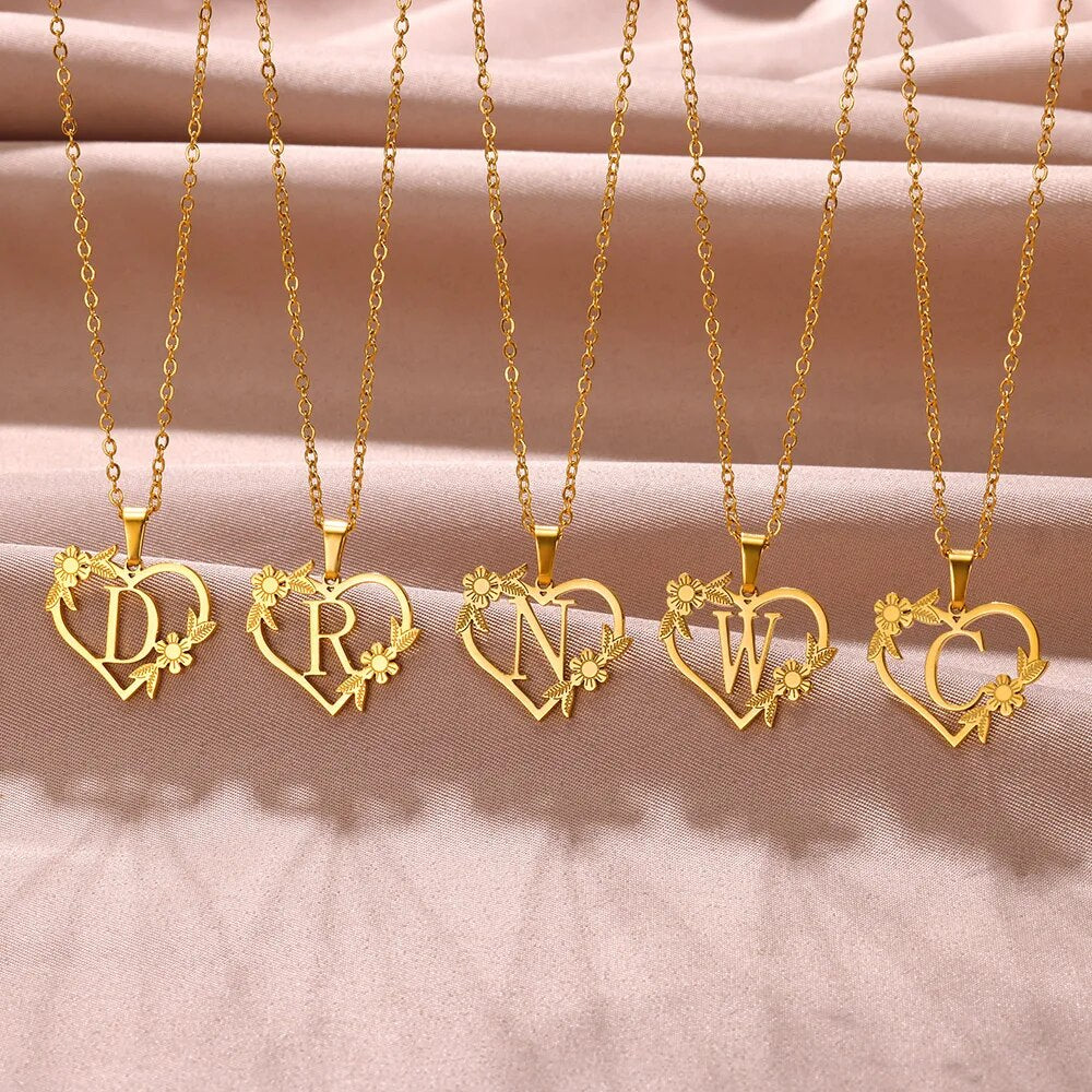 Gold Color Dainty Flower Initials Necklace Women Girl Stainless Steel Heart Let image 30