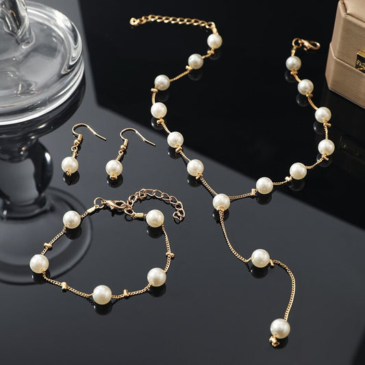 4pcs Gold-color Necklace Earring Bracelet Set Ladies Elegant Imitation-Pearls C image 0
