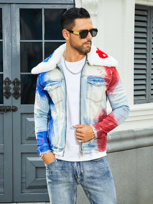 Men's fashion stretch jacket, full strip printing, fashion wash, has a very fas image 0