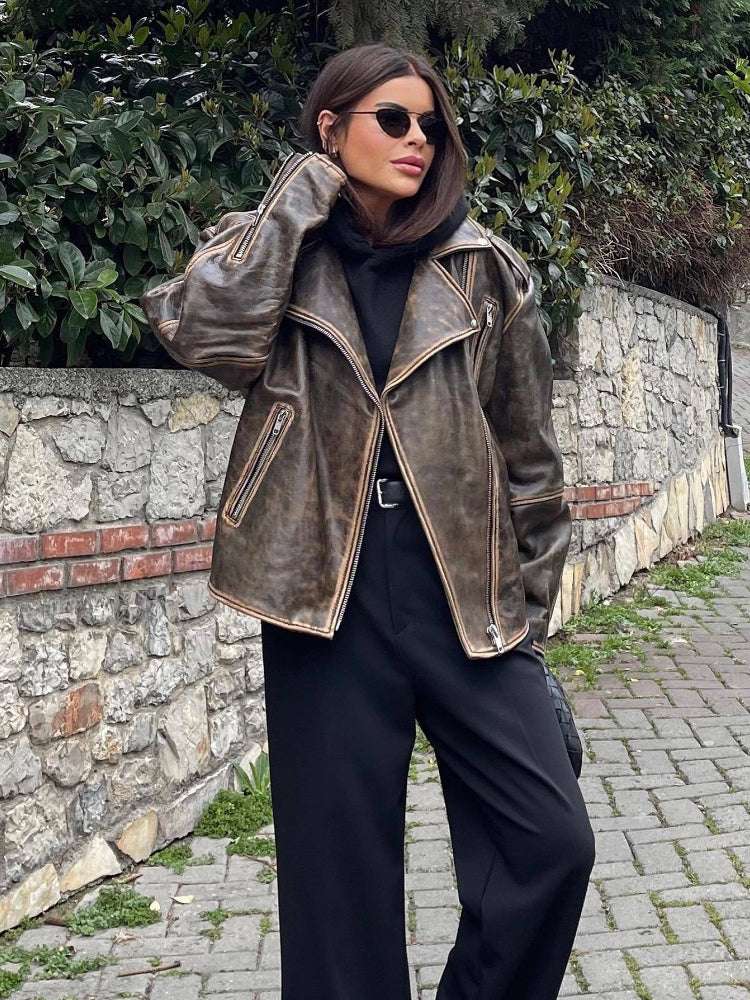 RR2478 Streetwear Worn Effect Bike Leather Jackets For Women Oversized Boyfrien image 1