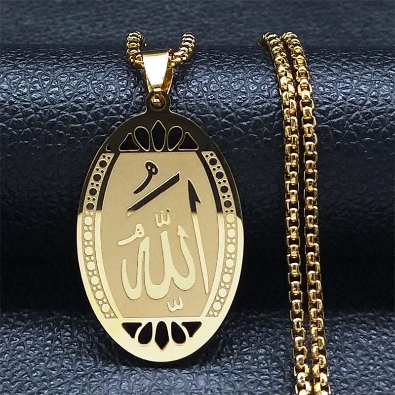 Muslim Islamic Quran Allah Stainless Steel Statement Necklace for Men Gold Colo image 2