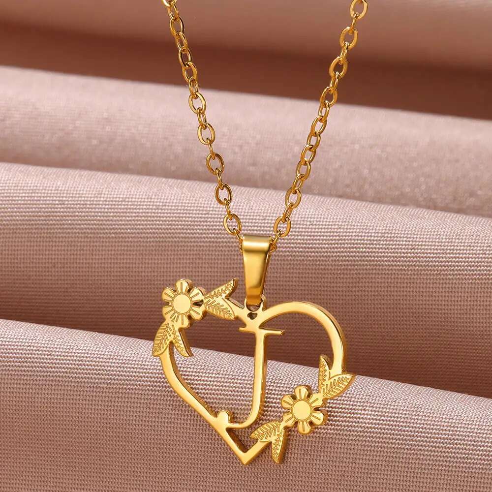 Gold Color Dainty Flower Initials Necklace Women Girl Stainless Steel Heart Let image 8