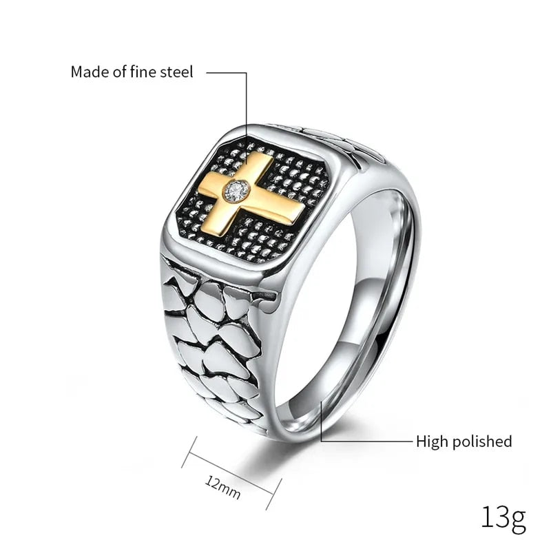 Punk Black Gold Color Cross Ring Men Titanium steel Crack Warrior Men's Jewelry image 2