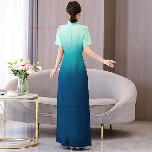2024 vietnam aodai dress cheongsam national gradient color dress+pants set impr image 0