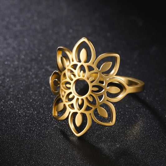My Shape Lotus Mandala Flower Rings Women Stainless Steel Gold Color Finger Rin image 0