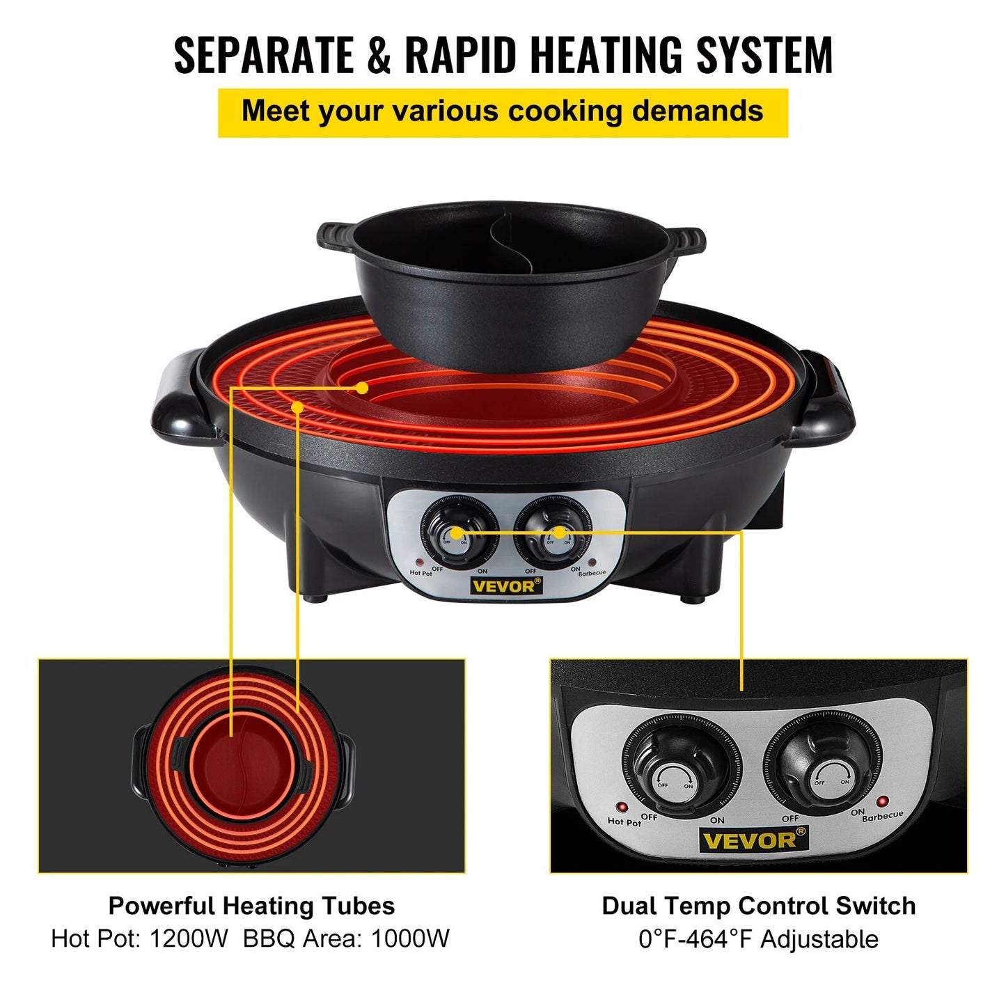 VEVOR 2 in 1 Electric Hot Pot BBQ Grill 2200W Multifunction Portable Home Non-S image 3