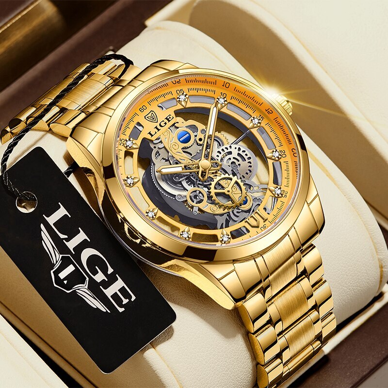New Men Watch Skeleton Quartz Wristwatch Gold Skeleton Retro Man Watch Top Bran image 2
