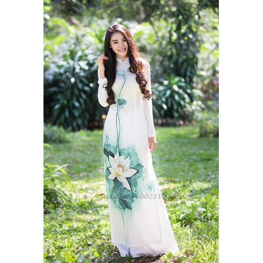2024 aodai vietnam cheongsam qipao dress+pants set flower print vietnamese vint image 0
