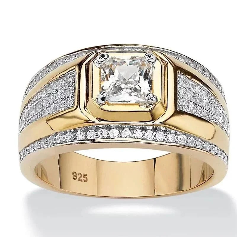 Classic Men's Ring Gold Plated Color Domineering Square Cut White Zircon Weddin image 1