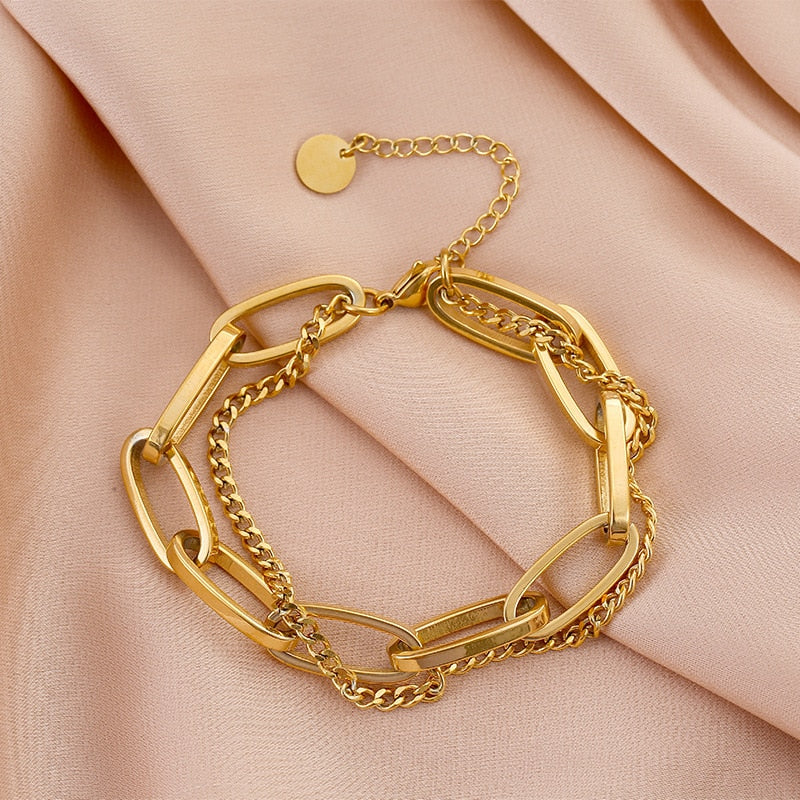 MEYRROYU Stainless Steel Layered Golden Pendant Bracelet For Women Retro image 5