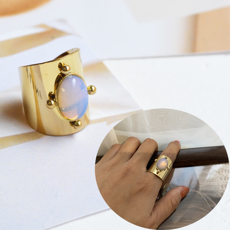 Creative Gold Plated Stainless Steel Rings for Women Simple Geometric Round Nat image 1