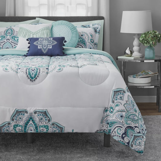 Mainstays Teal Medallion 10 Piece Bed in a Bag Comforter Set with Sheets, Queen image 0