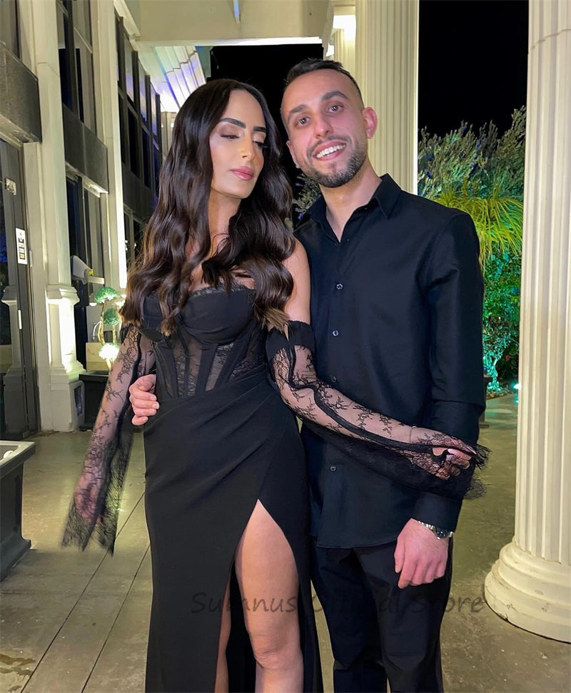 SUMNUS Sexy Black Satin Prom Party Dress Detachable Long Sleeve Formal Night Ev image 1
