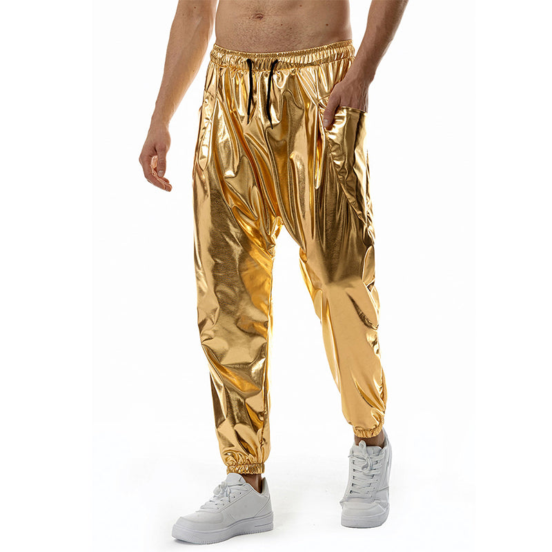 Men's Metal Shiny Jogging Pants Night Club Disco Party Elastic Pants Gold Silver image 5