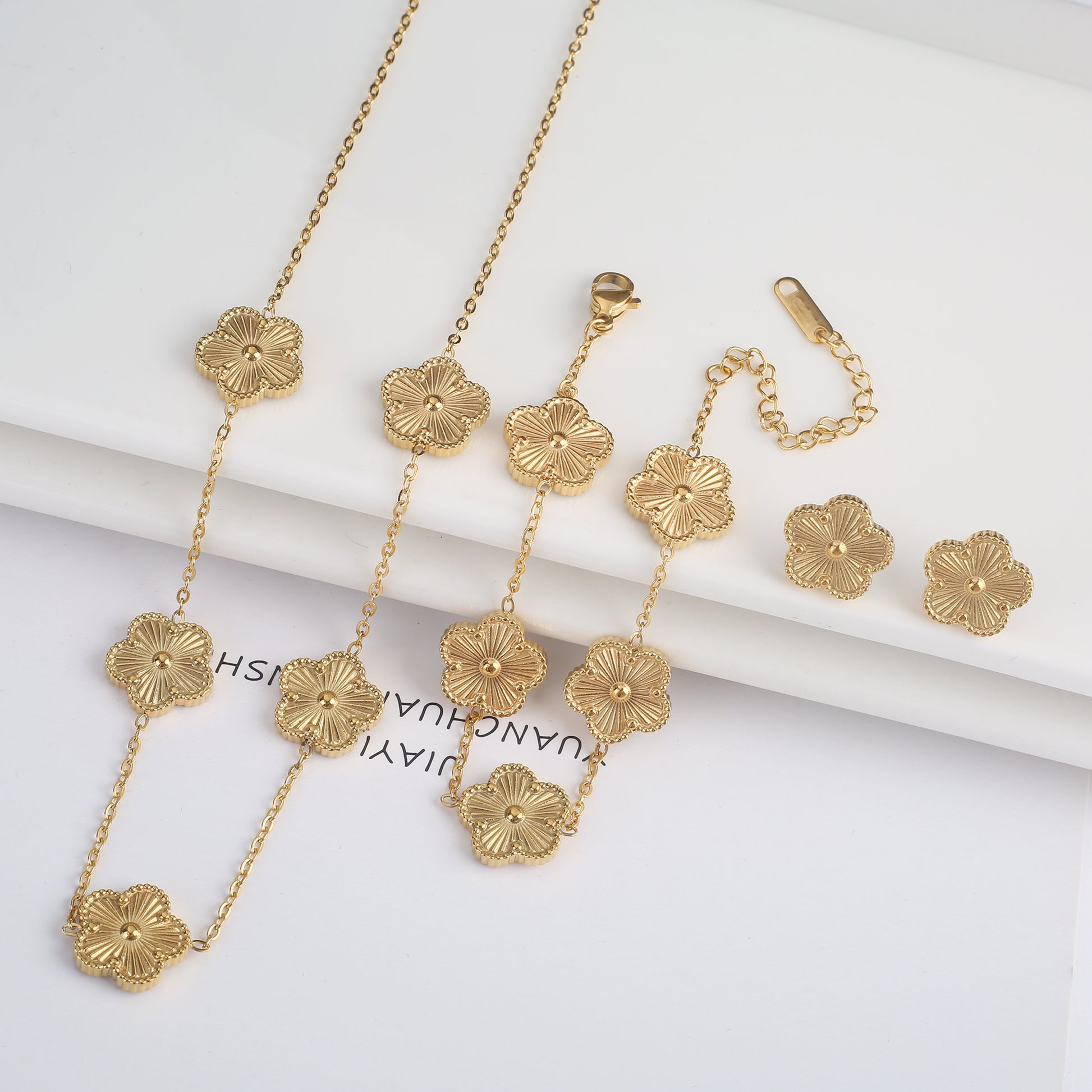 3Pcs 18k Gold-Plated Five-Leaf Flower Necklace Earrings Bracelet Jewelry Set Fo image 0