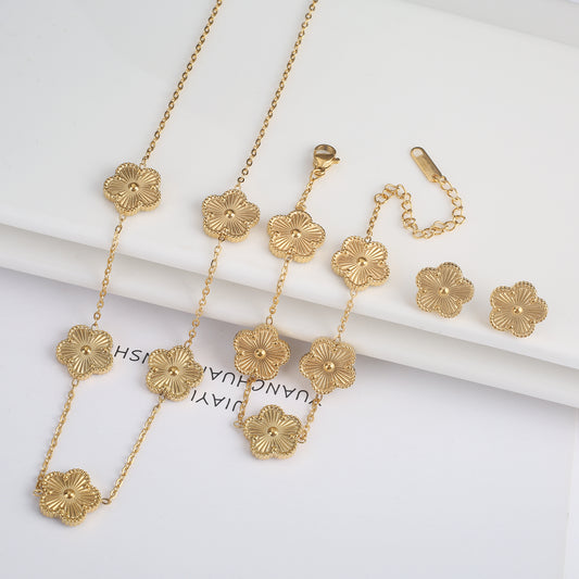 3Pcs 18k Gold-Plated Five-Leaf Flower Necklace Earrings Bracelet Jewelry Set Fo image 0