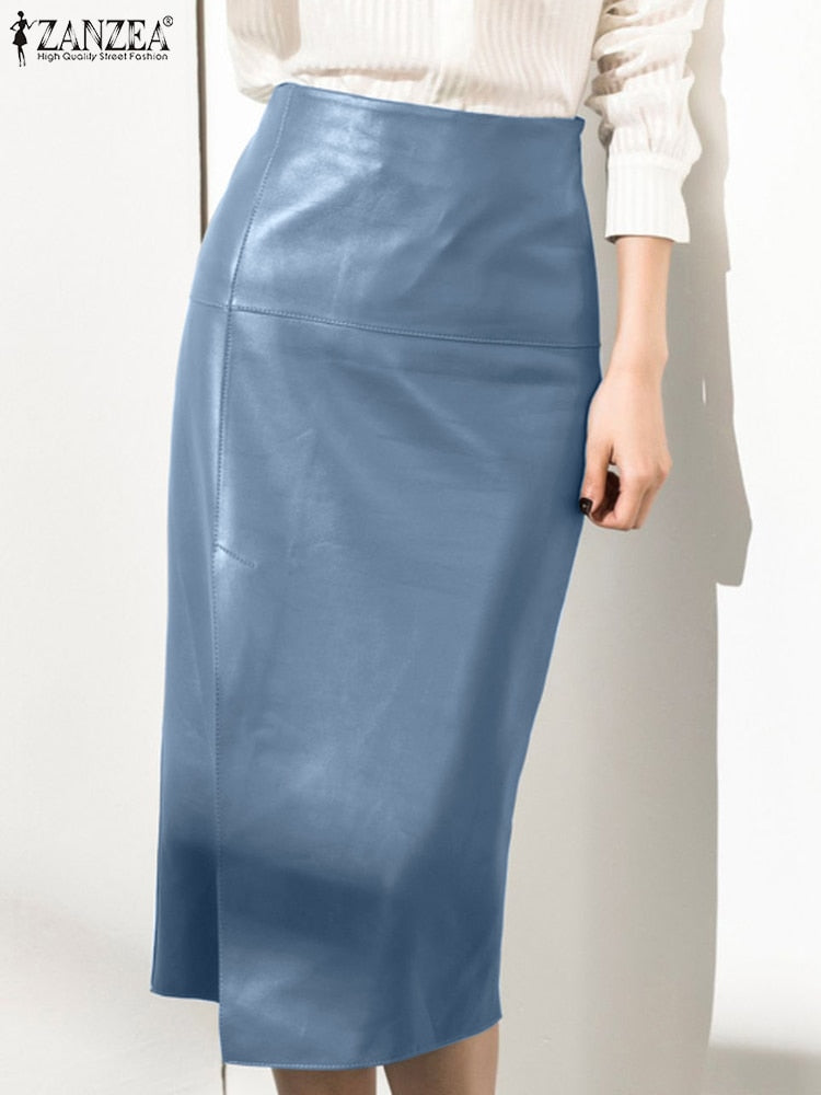 ZANZEA 2023 Women PU Leather Skirt Fashion High Waist Long Jupes Autumn Vintage image 4