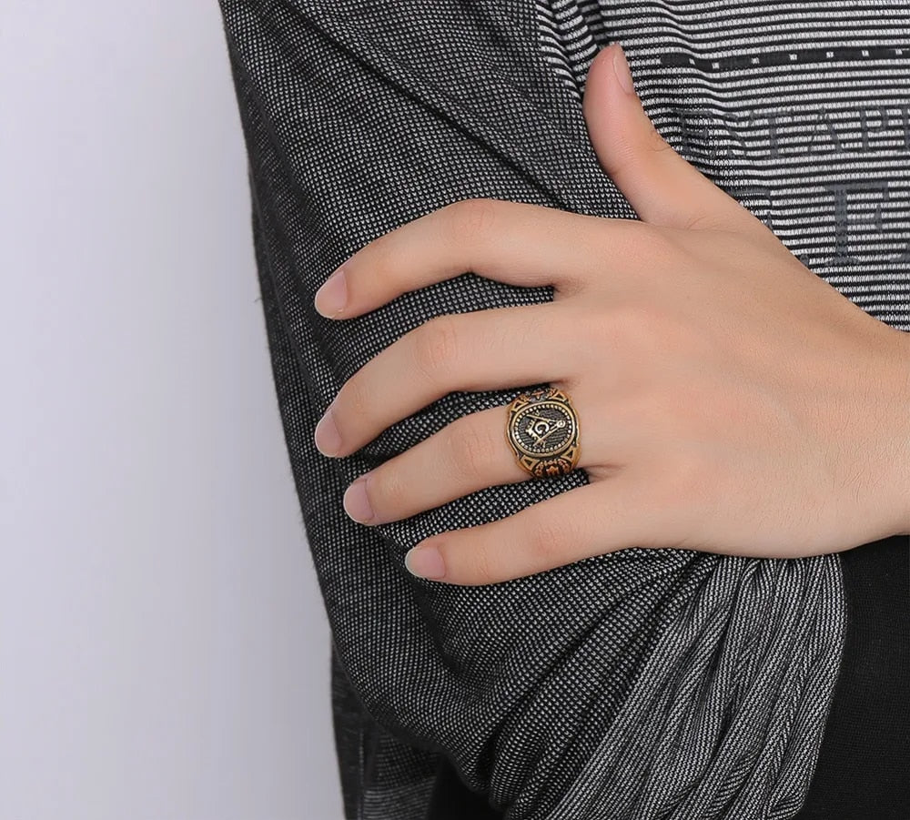 Punk New Men's Stainless Steel Masonic MASON Gold Color Tone Biker Ring Size 8- image 7