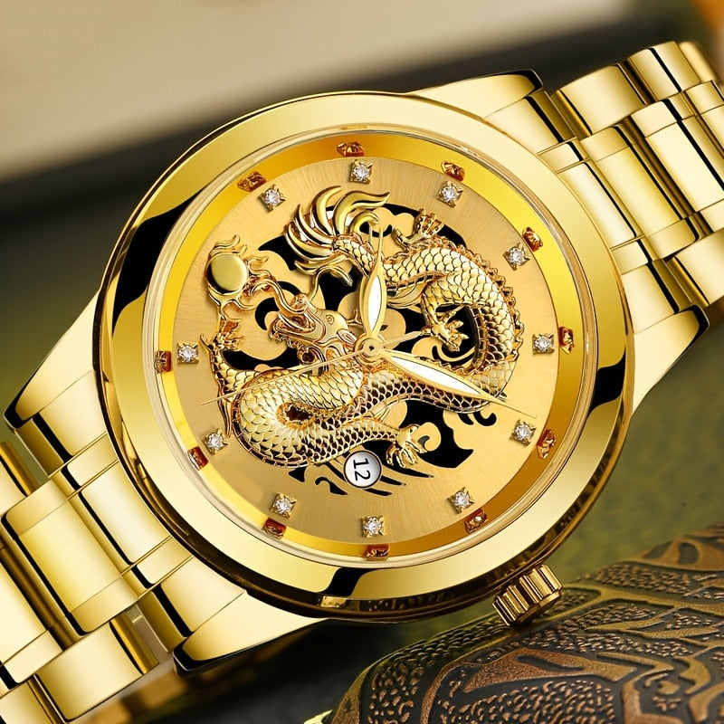 Fashion Men's Watch Chinese Dragon Golden Watch Stainless Steel Calendar Quartz image 5