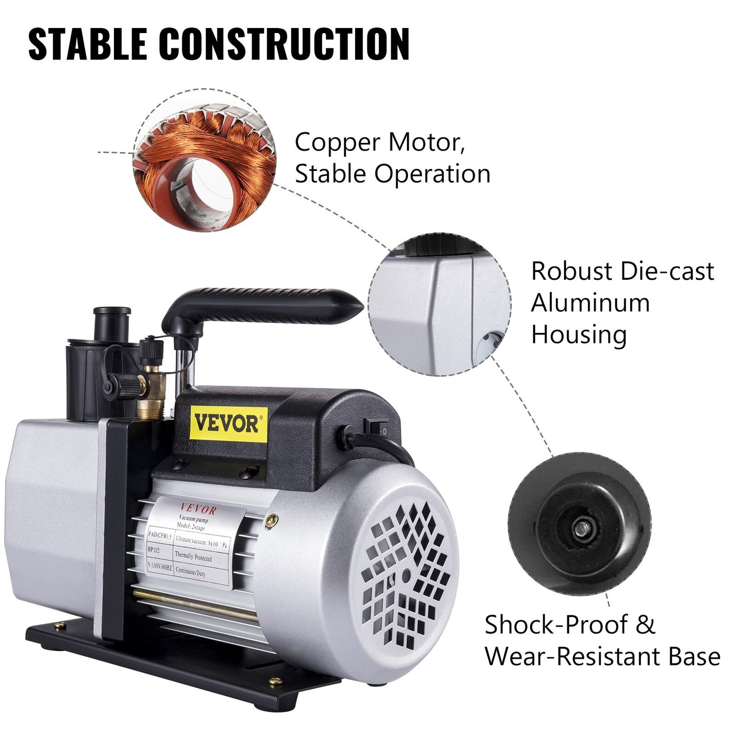 VEVOR 5CFM 1/2 HP Double Stage HVAC Refrigerant Vacuum Pump 120V Portable Refri image 5