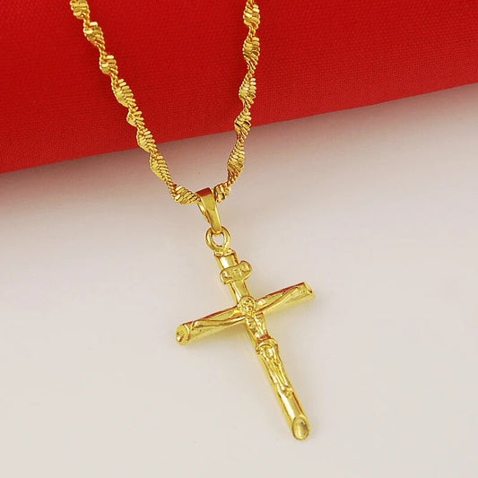 Real 24K Gold Color Cross Pendant & Necklace For Men/Women Gold Chain Religious image 0