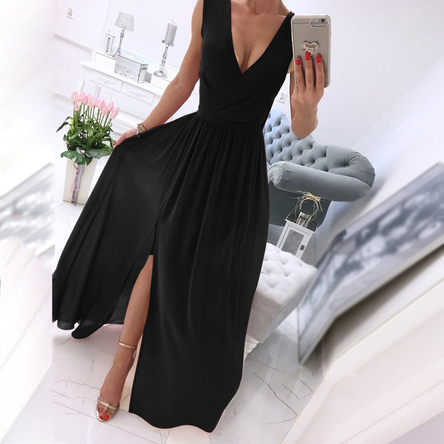 A-Line Waisted Sleeveless White Dress Ladies Deep V Neck Pleated Prom Dresses S image 1