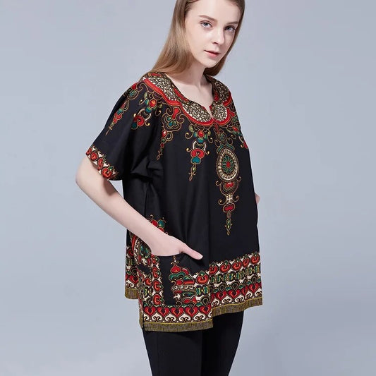 100%Cotton Unisex Black Ethnic Vintage 60s-70s Tribal African DASHIKI Print Top image 0