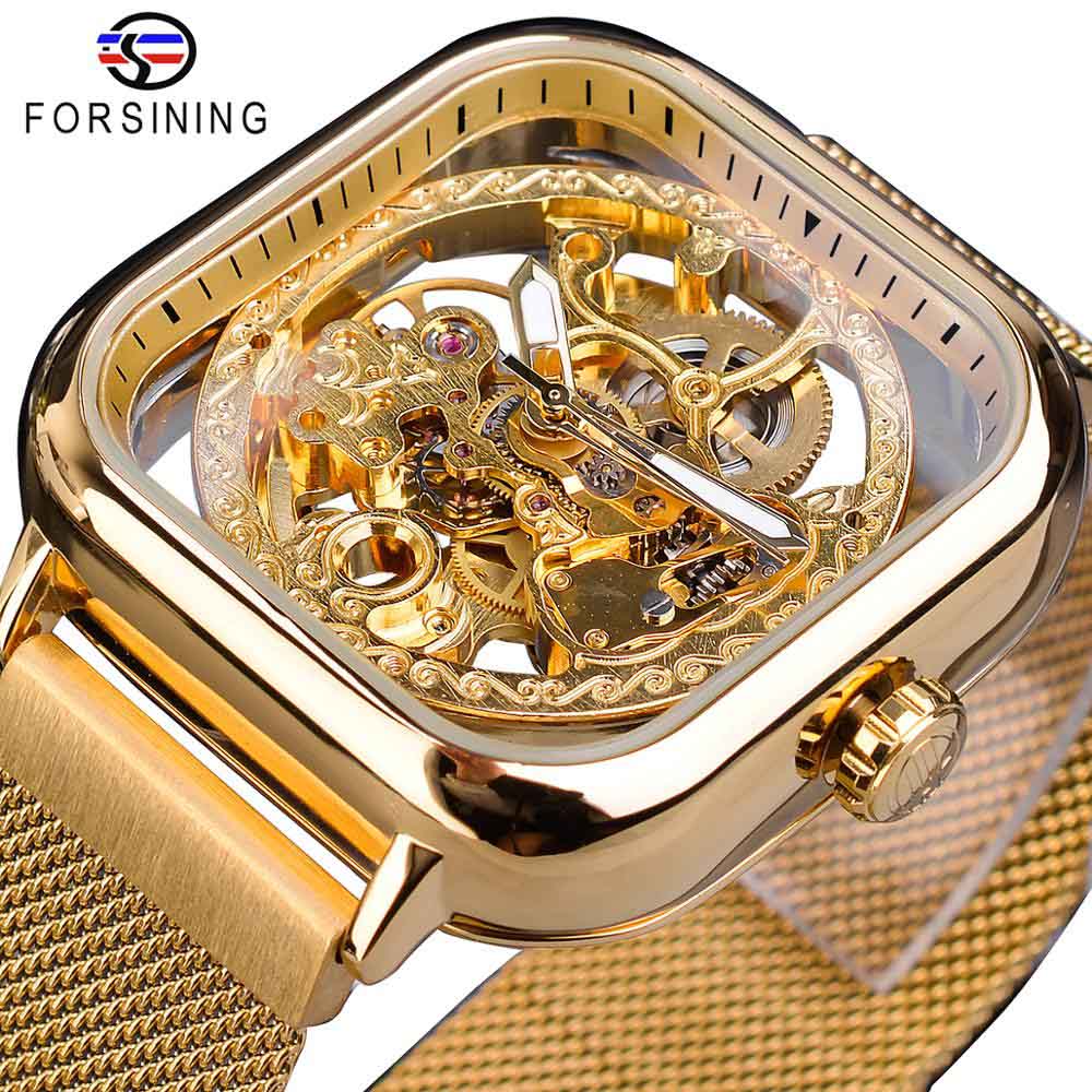 Forsining Golden Men Automatic Watch Square Skeleton Mesh Steel Band Mechanical image 0