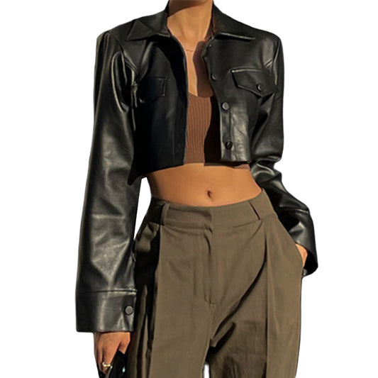 Women Crop Leather Jacket Solid Color Casual Long Sleeve Button Down Jacket Fal image 0