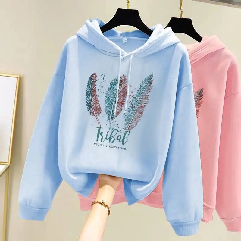 Women Fashion Feather Printed Hoodies Autumn Winter Plus Velvet Casual Loose Sw image 0