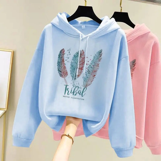 Women Fashion Feather Printed Hoodies Autumn Winter Plus Velvet Casual Loose Sw image 0