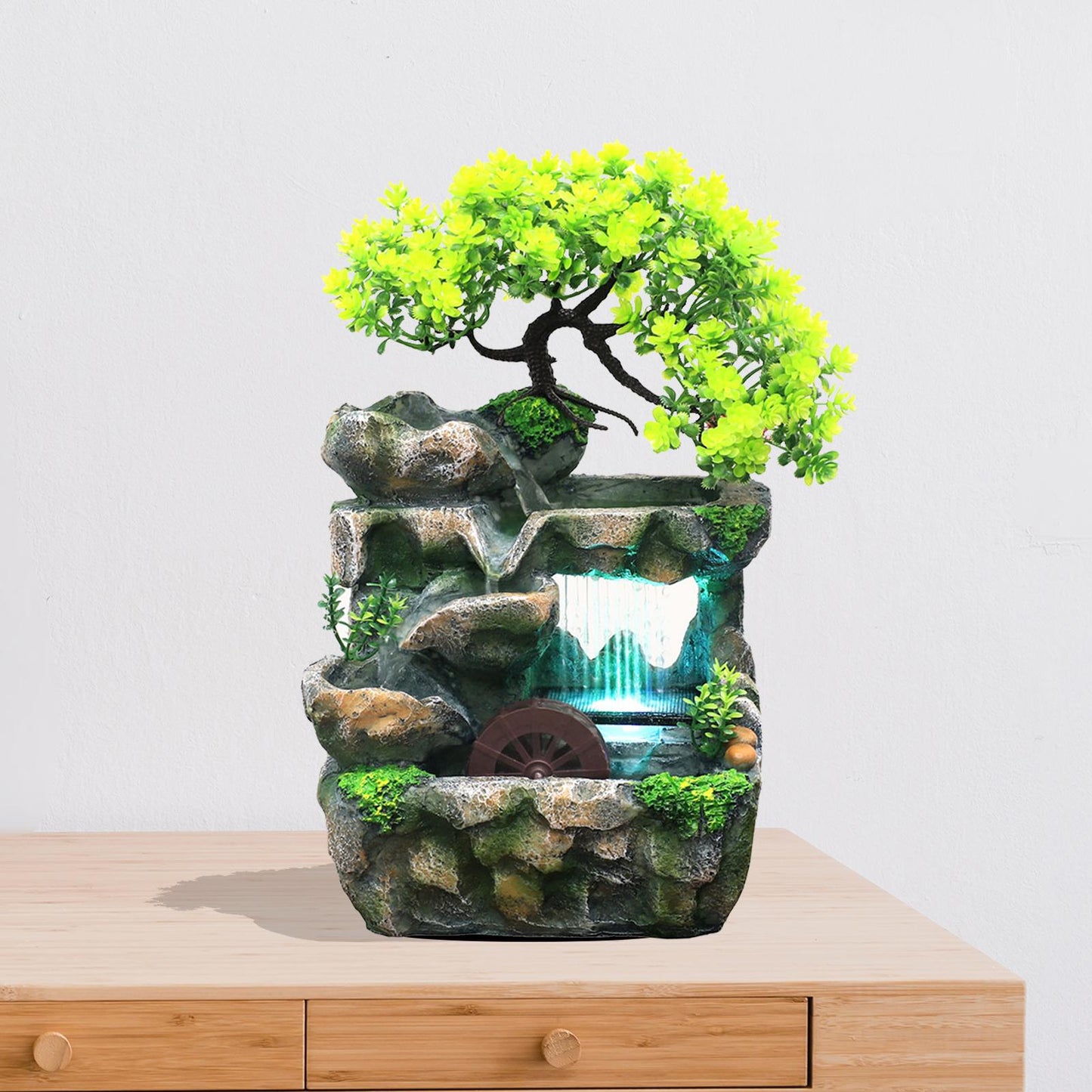 Tabletop Water Fountain with Light Cascading Rockery Bonsai Decor Desk Decorati image 1