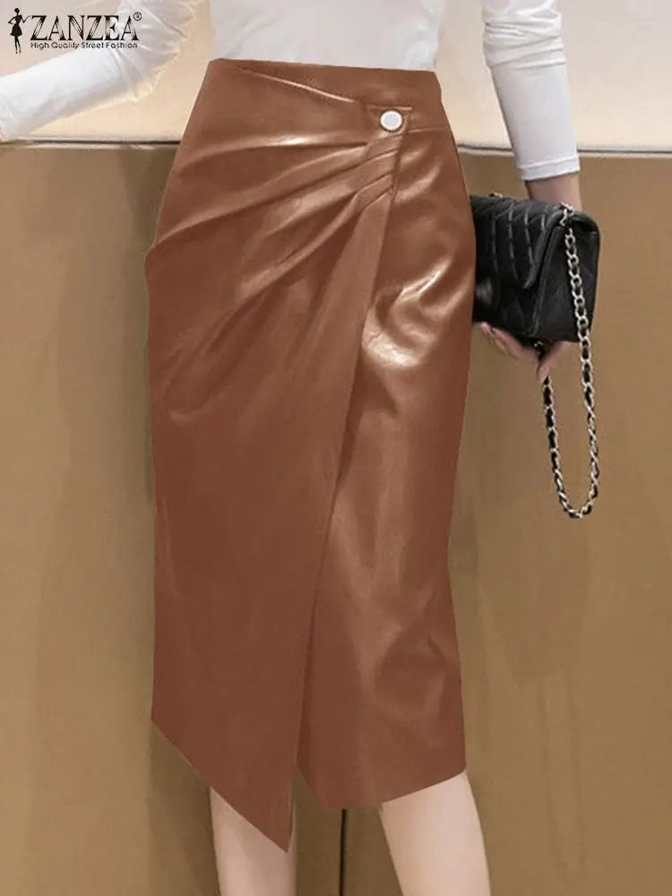 ZANZEA 2023 Women PU Leather Skirt Fashion High Waist Long Jupes Autumn Vintage image 6