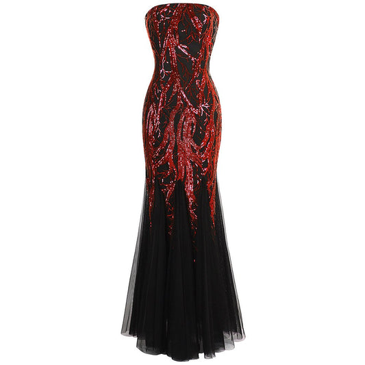 Angel-fashions Strapless Gold Sequin Zipper Side Evening Dresses Lace Up Back image 0