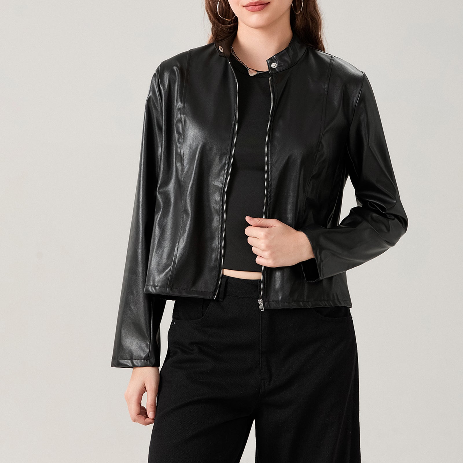 Women's Faux Leather Jacket Slim Moto Biker Jacket Outerwear Long Sleeve Zipper image 3