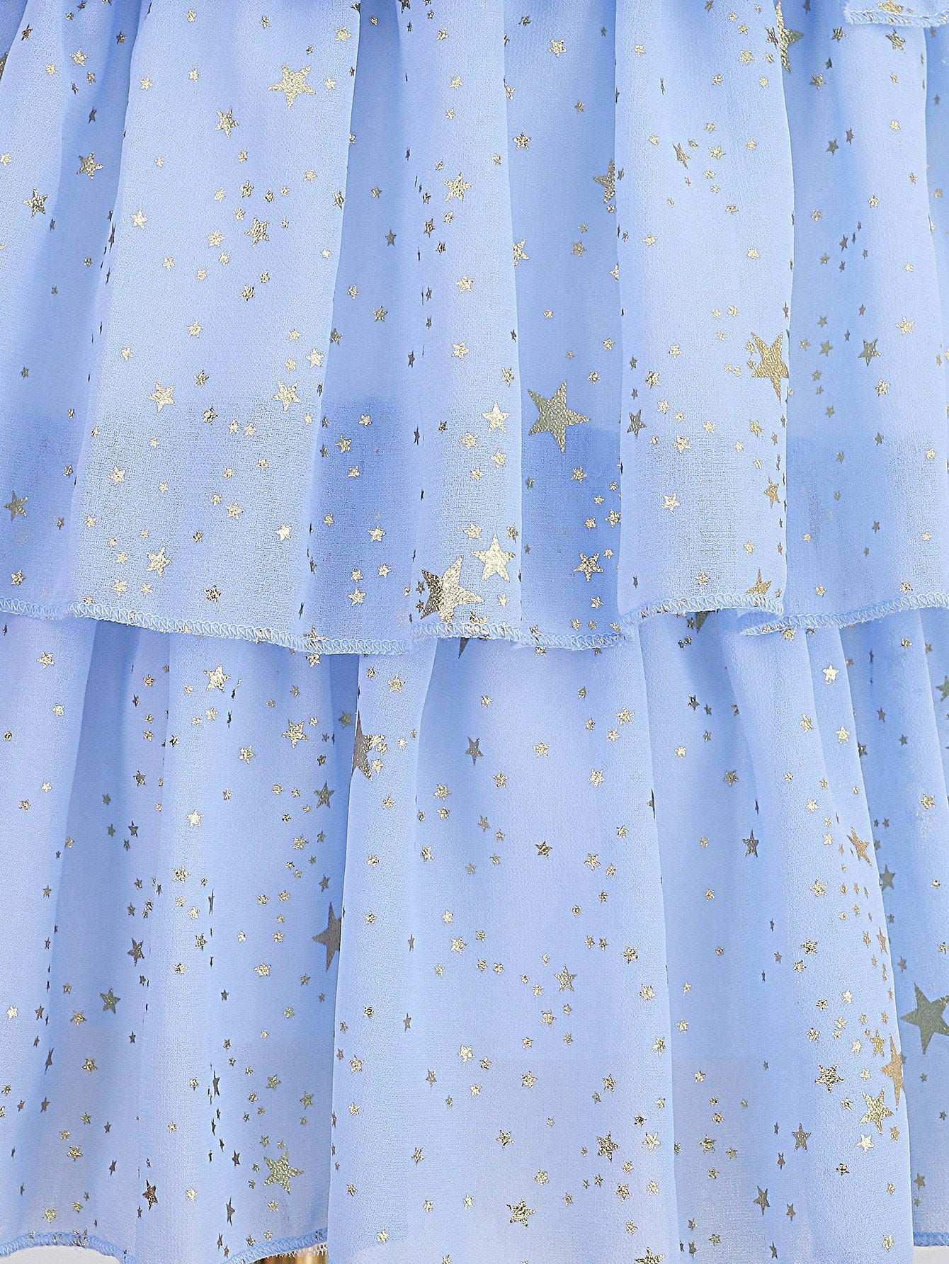 Toddler Girls Gold Star Print Puff Sleeve Layer Hem Dress image 3