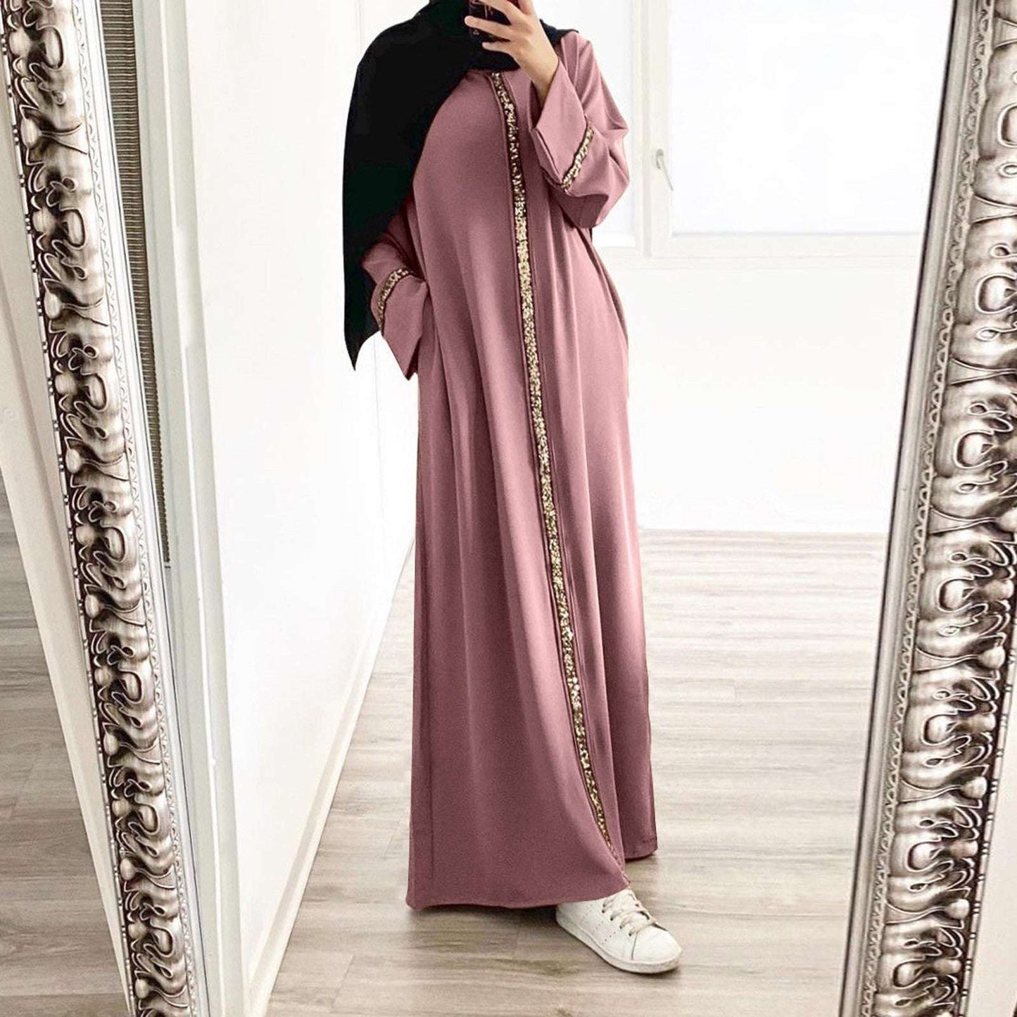 Muslim Robe Fashion Splicing Panelled Sequins Dress Solid Color Chiffon Dress F image 4